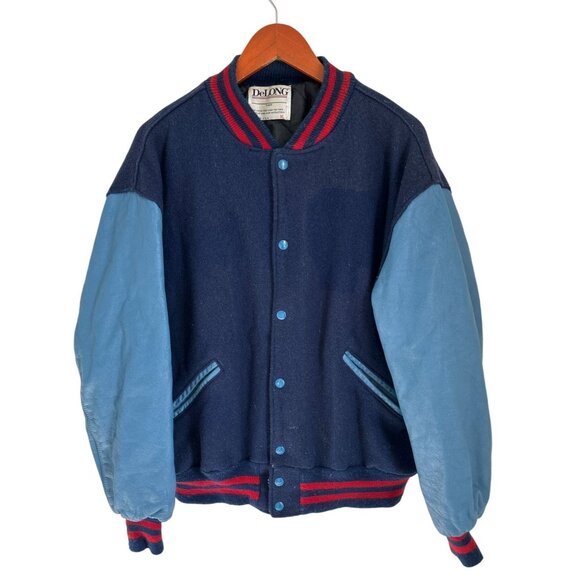 Vintage DeLong Varsity Jacket Mens XLarge Blue Wool & Leather Sleeves Retro - Picture 2 of 11